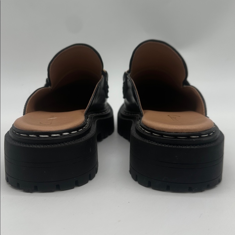 Black Leather Slip-On Mule Loafers with Gold Chain Detail - Picture 11 of 16